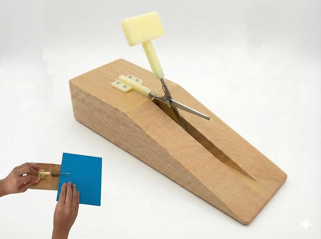 Mounted Table Top Scissors with Wooden Base, Adapted Scissors for Special Needs Self-Opening Safety Shears for Kids, Classroom, and Weak Grip Support
