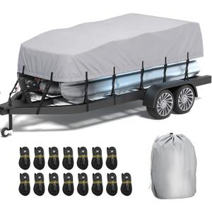 1200D Pontoon Boat Cover, Heavy Duty Marine Grade Waterproof Deck Boat Cover, 21-24 ft Boat Cover for Pontoon with 15 Windproof Straps, Gray
