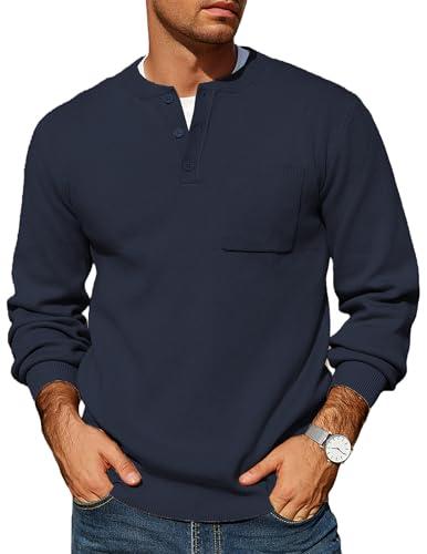 COOFNADY Mens Knitted Sweater Button Up Henley Neck Dressy Pullover Sweater Light Weight Loose Fit Casual Basic Knitwear Tops Dark Navy Blue M