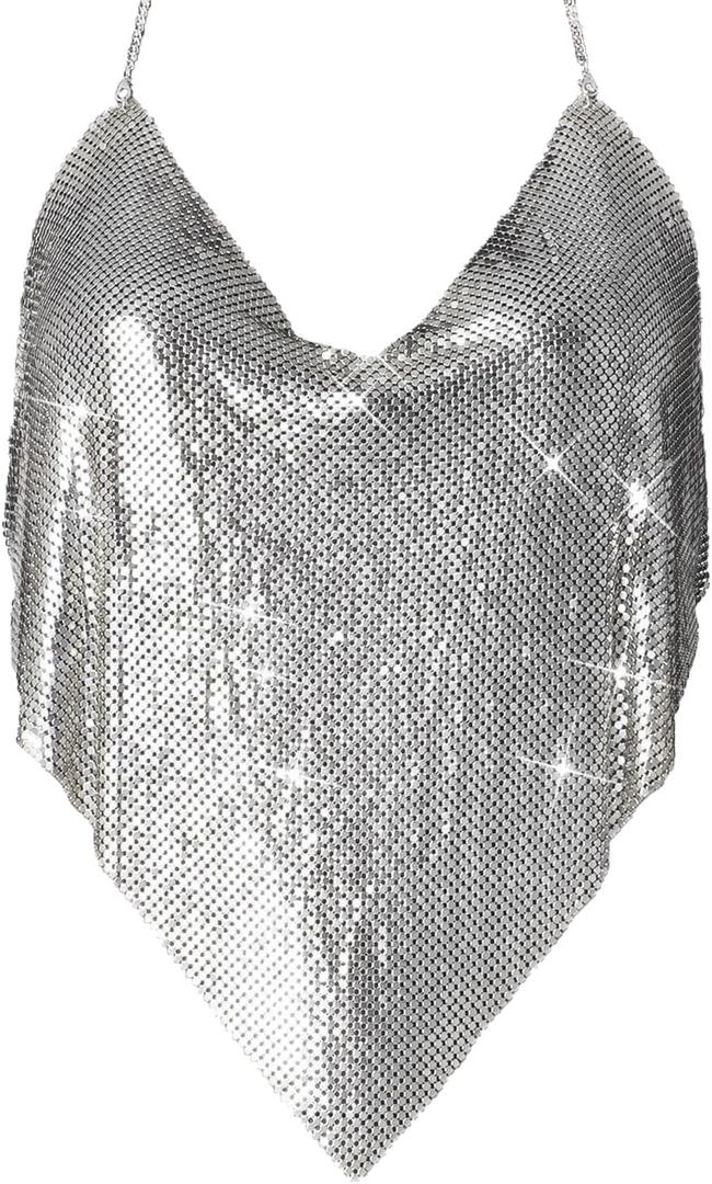 Womens Sexy Sparkly Chain Top Metallic Sequin Rhinestone Halter Backless Crop Outfit Party Club Tank Shirt(Sliver/Gold)