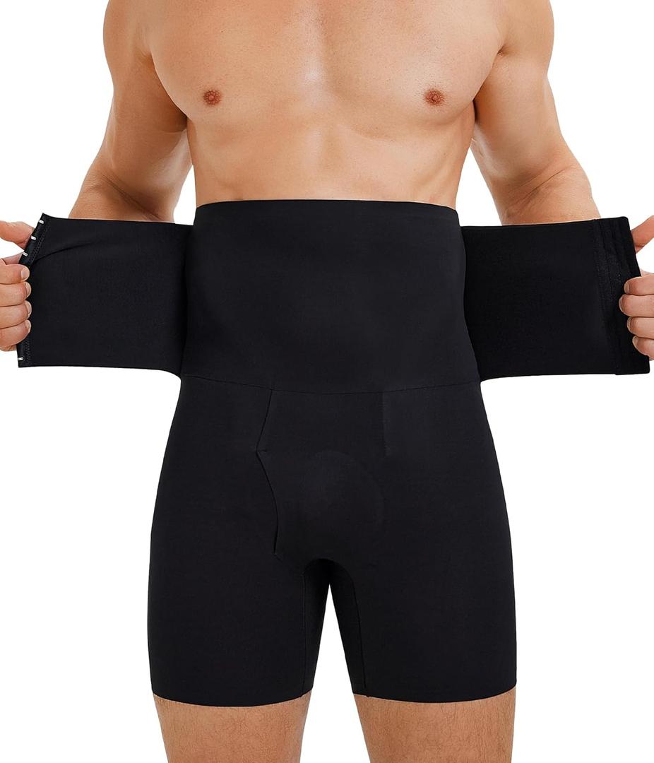 TAILONG Men's Shapewear Tummy Control Shorts High Waist Underwear Slimming Body Shaper Compression Boxer Brief (Large, Black)