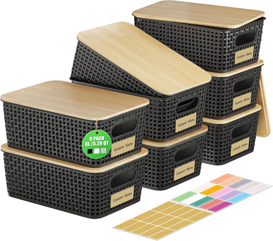 7 Pcs Plastic Storage Bins with Bamboo Lids and Labels 5.29qt Stackable Box Basket Pantry Decorative Containers, Small Storage Baskets for Desktop Organizing Shelves Bedrooms Cabinets 10*7.2*4.1"