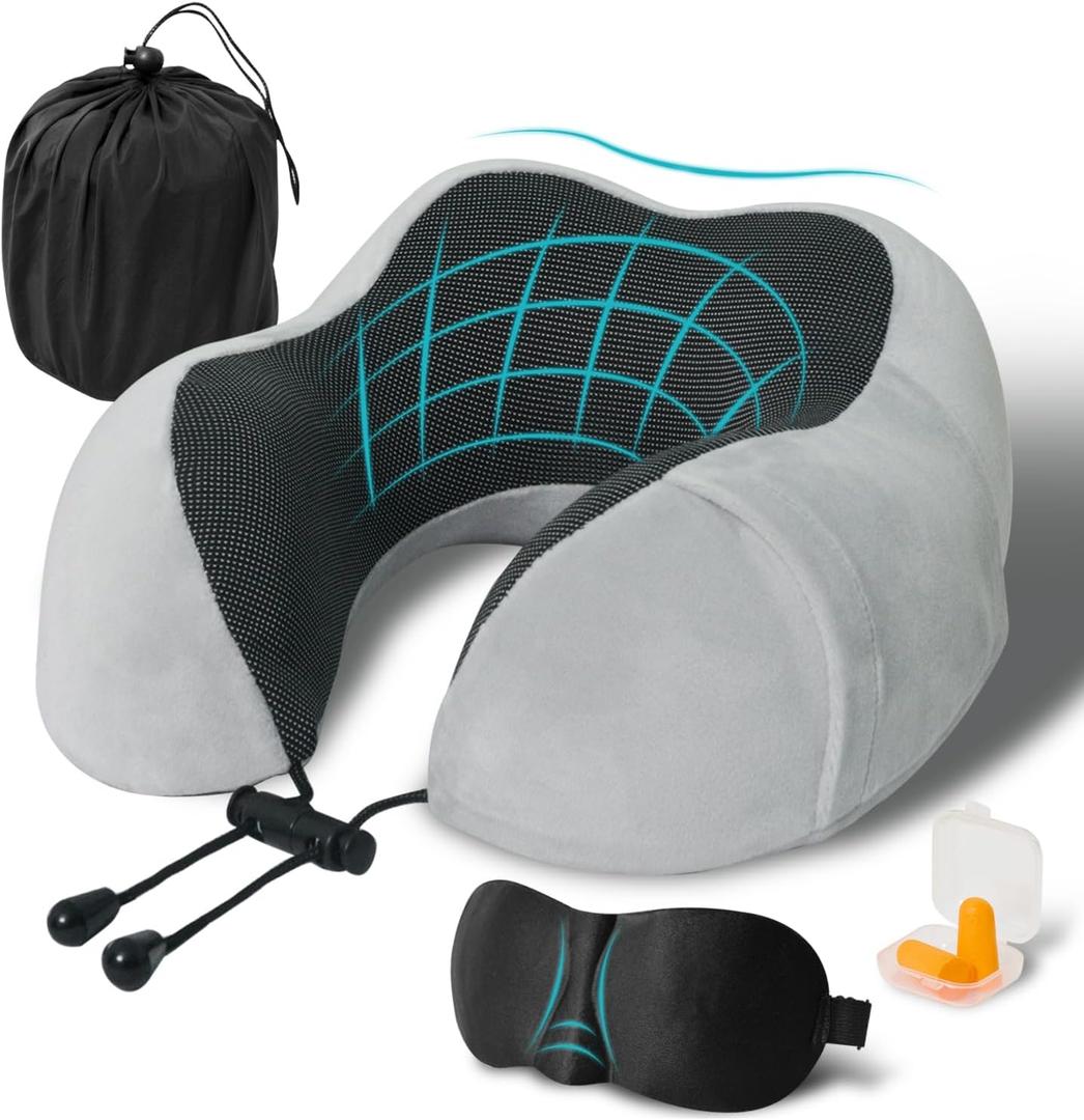 Travel Pillow, Memory Foam Neck Pillow for Traveling, U Shape Neck Pillow Airplane Portable Flight Pillow Travel Kit with 3D Contoured Eye Masks and Earplug for Plane Train Car Home Office - Grey