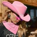 3Pcs Rhinestone Cowboy Hat for Women with Bandana, Heart Sunglasses set, Wide Brim Cowgirl Hat for Western Disco Party (Pink)