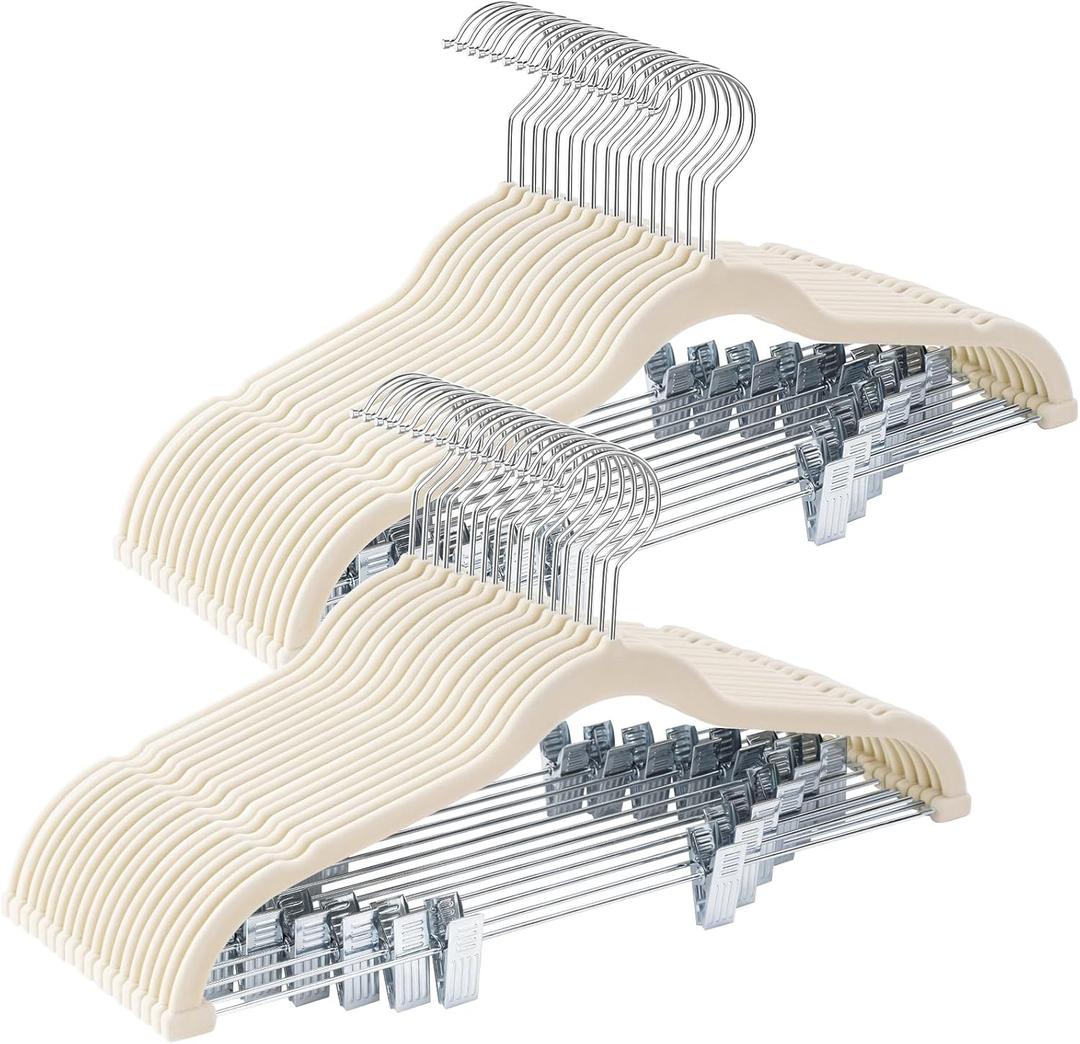 36-Pack Beige Velvet Hangers with Clips Adjustable,Adult Hangers,Heavy-Duty,Felt,Non-Slip,Space Saving,Slim Outfit Hanger for Pants, Skirts, Suits,Coats, Dresses ect., 16.5x9 Inch