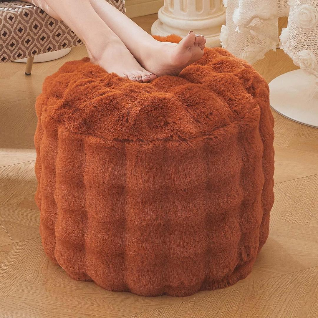 LIFEREVO Faux Rabbit Fur Round Inflatable Pouf Ottoman, 20" X 16" Fluffy Waffle Bubble Floor Poufs Foot Rest for Living Room Bedroom, Furry Pouf Foot Stool Kids Girls Adults, Anti-Slip, Burnt Orange