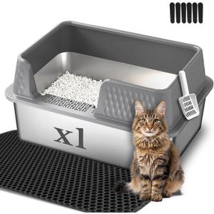 Suhaco Large Stainless Steel Litter Box Side Entry High Sides Deep Metal Cat Litter Boxes with Lid Low Entry Litter Mat and Scoop Litter Pan (Tall Grey)