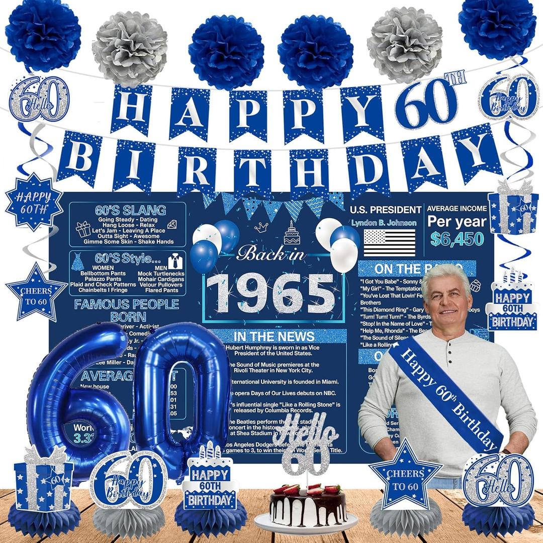 Crenics 60th Birthday Decorations for Men or Women - Back in 1965 Birthday Backdrop, 60th Birthday Banner, Swirls, Honeycomb, Sash, Cake Topper and Balloons for 60 Birthday Party Supplies