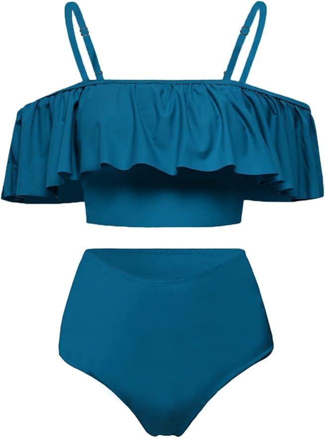 Kaei&Shi High Waisted Flounce Bikini Set,Tummy Control Swimsuits for Women,Off Shoulder, Size XL