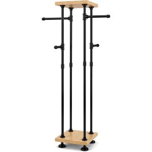 Novabright 71" Industrial Pipe Clothing Rack 4-Way Garment Rack with 2-Tier Solid Wood Shelves Heavy Duty Retail Display Stand for Boutiques Home Entryway Clothes Storage for Dresses Coats Shoes