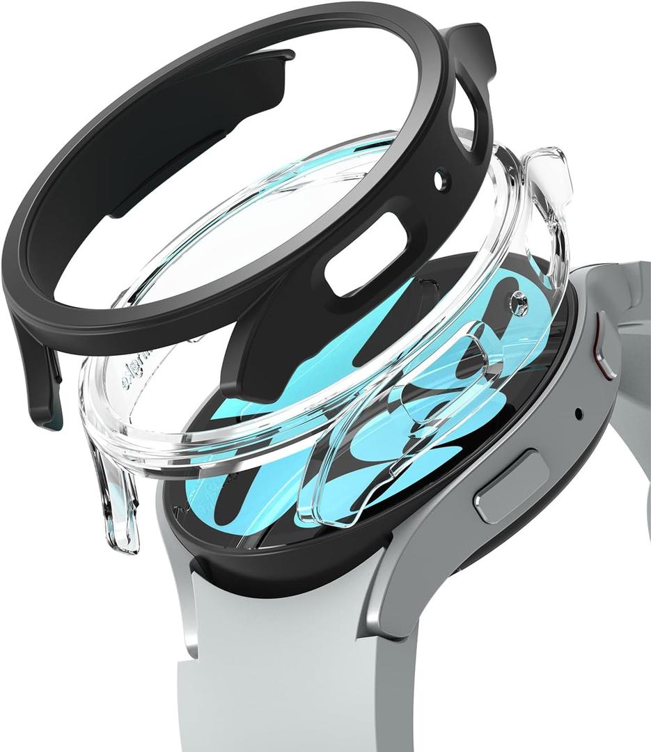 Ringke Slim [Anti-Yellowing Material / 2 Pack] Compatible with Samsung Galaxy Watch 6 Case (44mm) Lightweight Sturdy Solid Transparent Cover + Extra Color for Women, Men - Clear & Matte Black