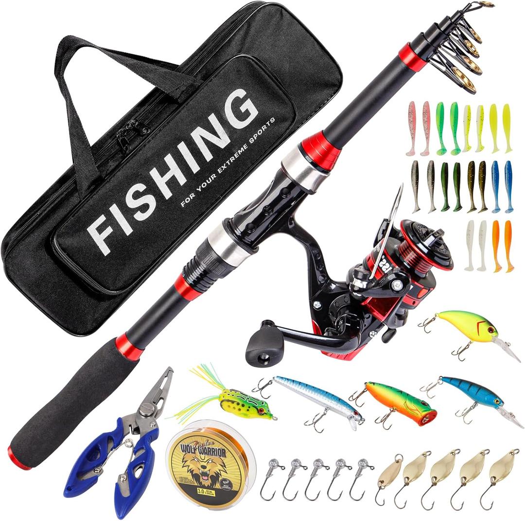 I00000 Fishing Rod and Reel Combos with Fiberglass Telescopic Fishing Pole - Spinning Reel Fishing Carrier Bag, Freshwater and Saltwater Fishing Rod Kit,Travel Fishing Kit for Bass Trout (Red)