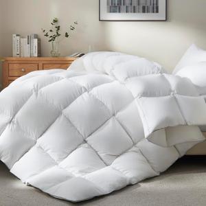 Ubauba Goose Feather Down Fiber Comforter Queen Size - All Season White Fluffy Duvet Insert - Luxurious Hotel Bedding Comforter - Ultra Soft 100% Cotton Cover, Medium Warmth (90x90 Inch)