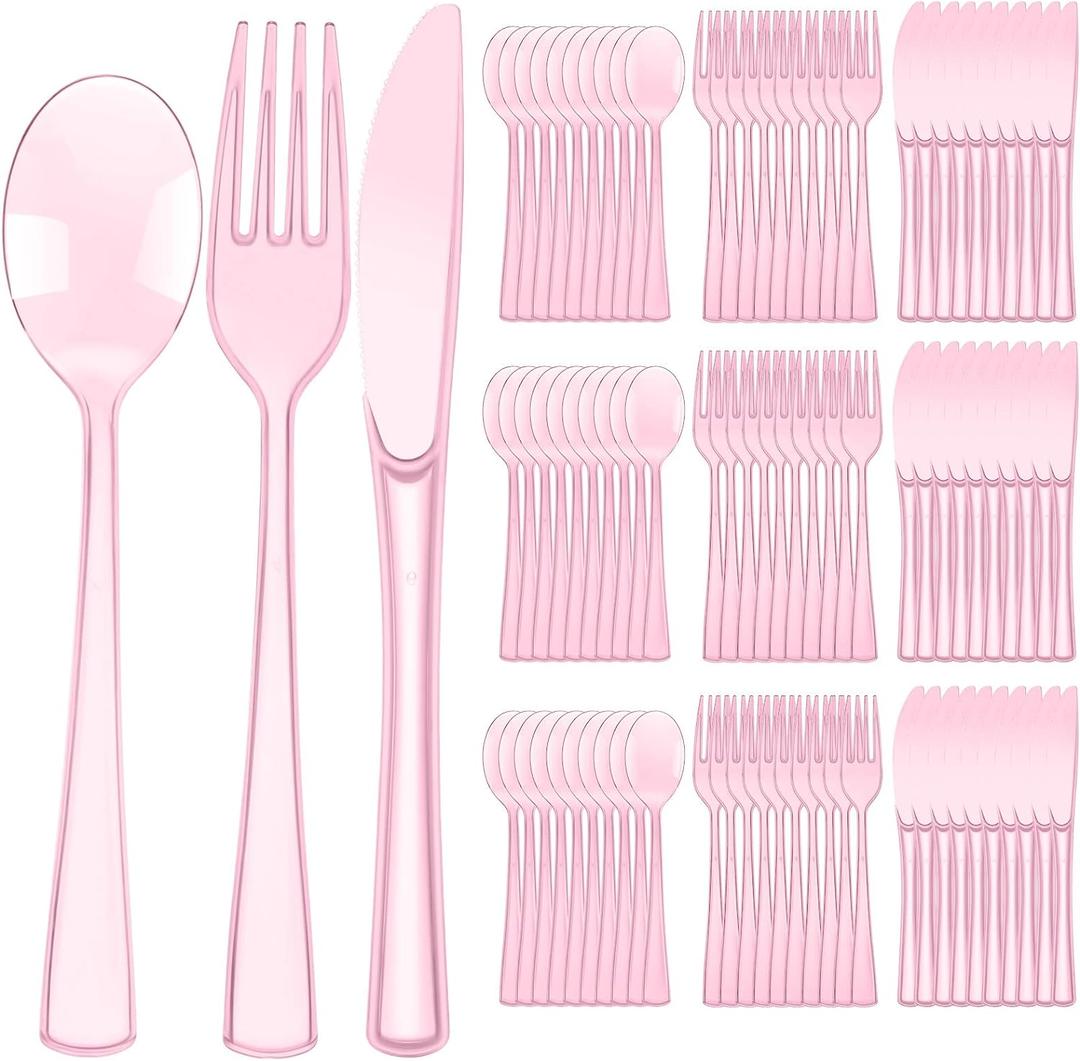 Minatee 150 Pieces Disposable Cutlery Set Plastic Silverware Heavy Duty Utensil Sets 50 Forks 50 Knives 50 Spoons for Home Office School Party Picnics Restaurant Outdoor Events (Pink)