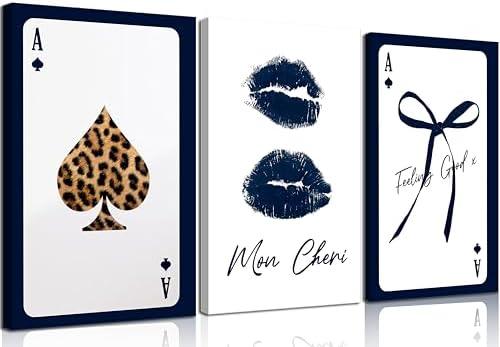 MAVGOUUY 3Pcs Trendy Navy Blue Coquette Canvas Wall Art, Preppy Leopard Ace of Spades Poker Kiss Lips Bows Poster Print, Positive Quote Wall Decor Artwork for Living Room Girls Bedroom Dorm Home Decoration