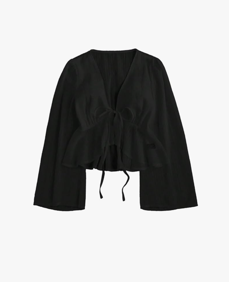 Women's Tie Front Peplum Tops Blouse Dressy Casual Bow Long Sleeve Deep V Neck Shirts Crop Top Trendy 2025, Size S