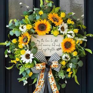 Spring Wreaths for Front Door 24 Inch Handmade Spring Summer Wreath with Artificial Sunflowers,Welcome Message Sign & Elegant Bow and White Yellow Daisy Wildflowers for Home,Porch&Gift Giving