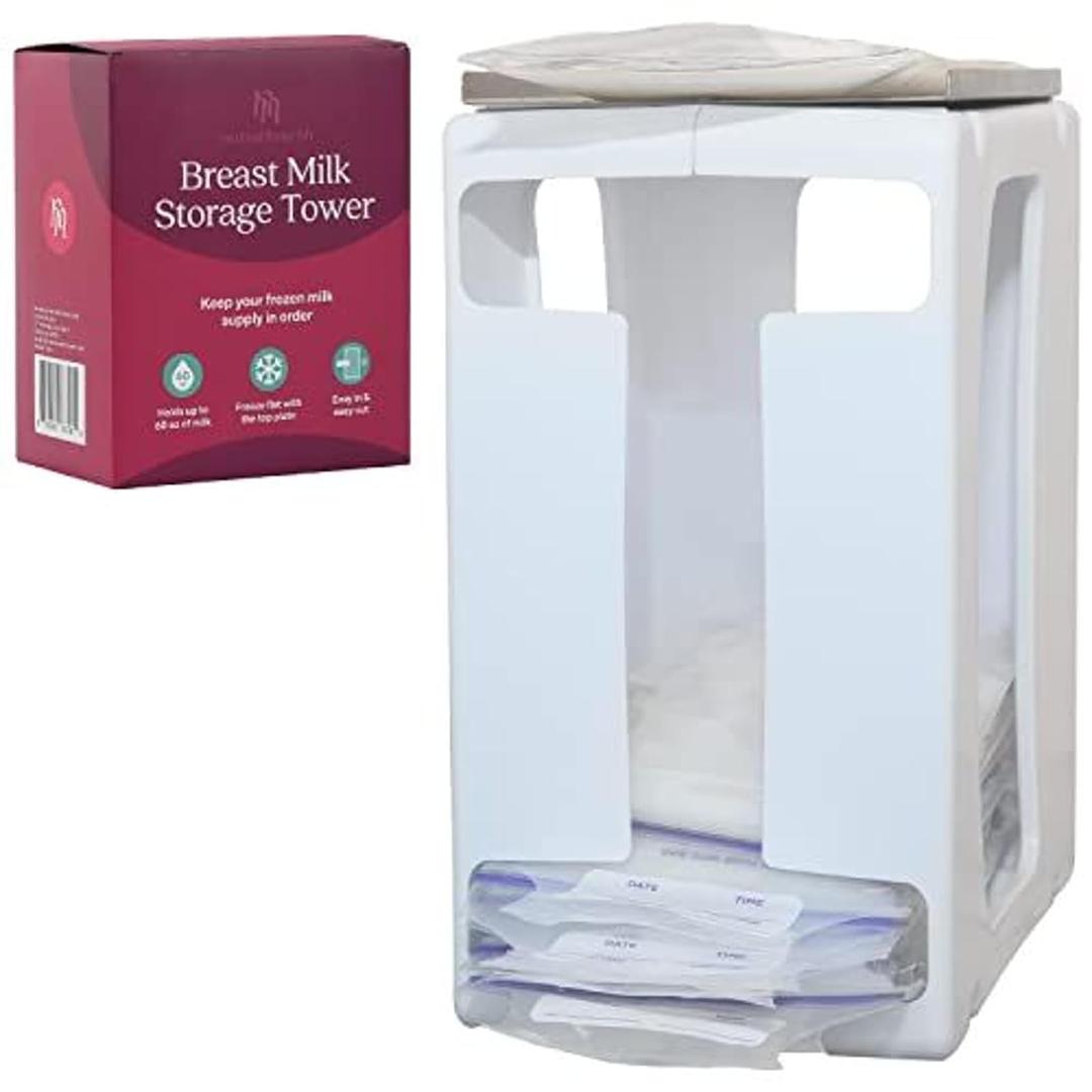 Nurse & Nourish Breast Milk Storage Tower & Freezer Organizer Bin - Space-Saving Rack for Breast Milk Storage Bags - Flat-Freeze Tray for Freezer Bins - First-In, First-Out for Baby Essentials - White