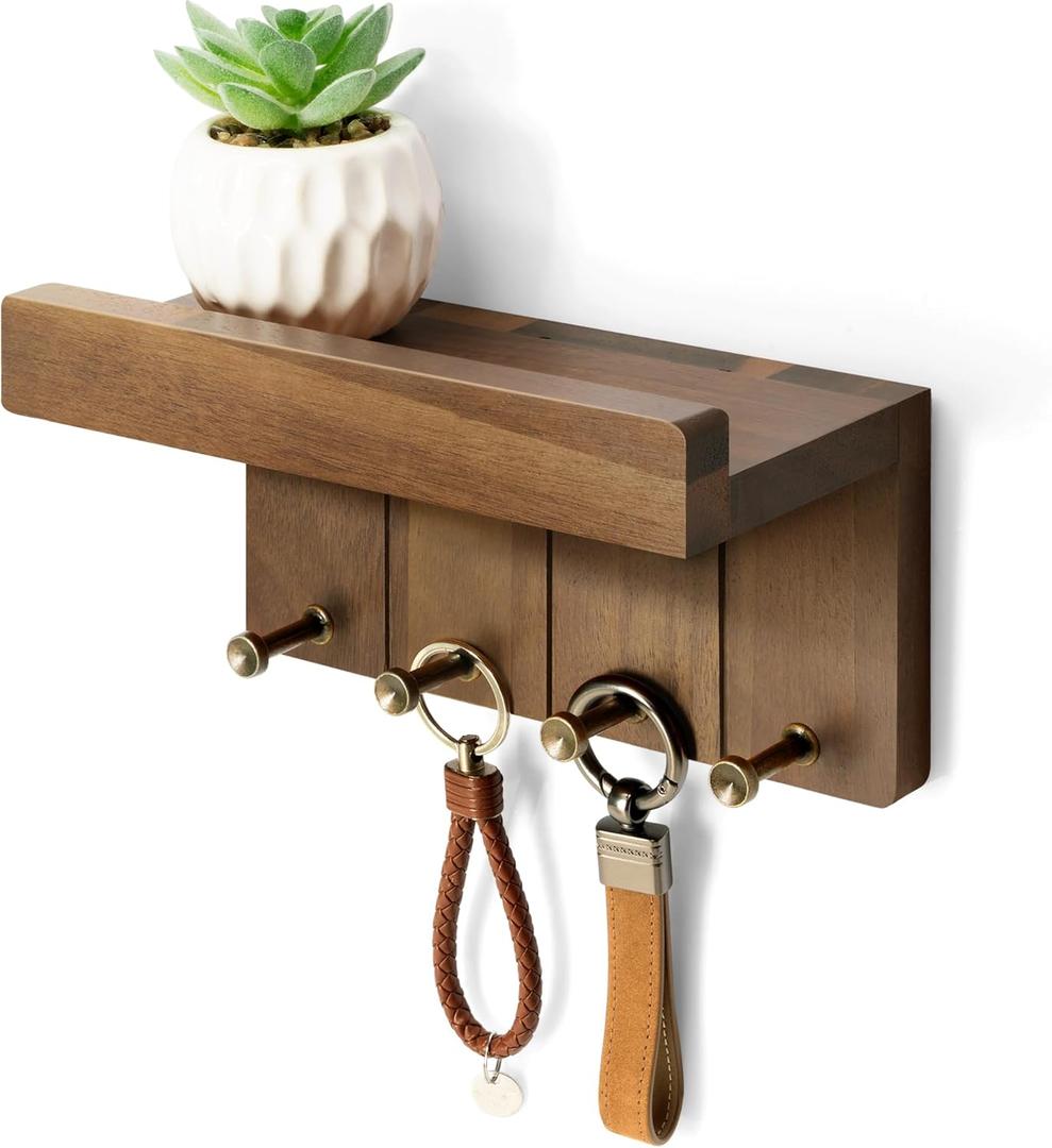 Rebee Vision Farmhouse Key Holder Wall Mount - Small Key Rack & Mail Organizer for Wall with 4 Key Hooks & Small Shelf - Home Essentials for Home Decor (Acacia Wood) (Small - 8 inch)