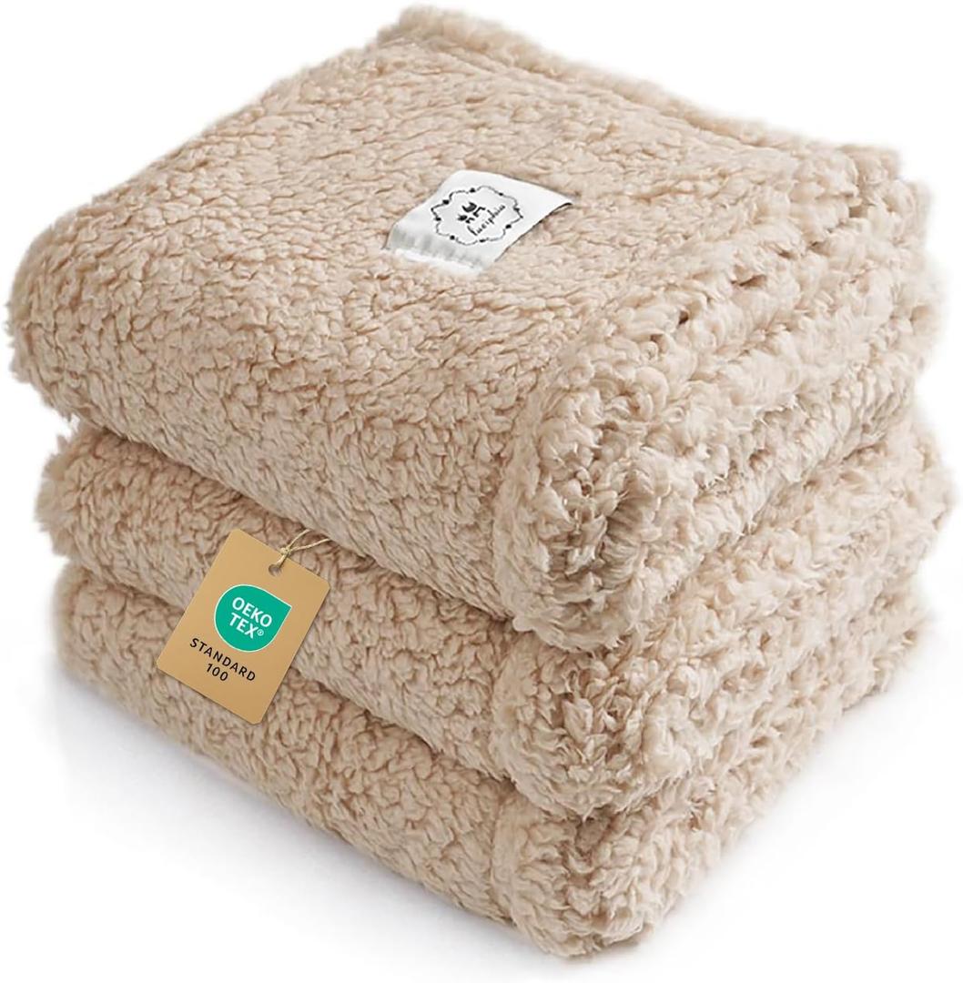 3 Pcs Calming Blankets Fluffy Premium Fleece Pet Blanket Soft Sherpa Throw for Dog Puppy Cat Beige Small (23" x16'')