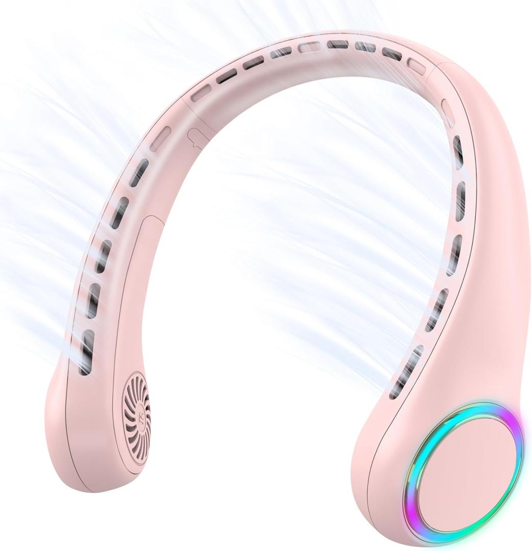Portable Neck Fan, Personal Fan with 4000mAh Battery, Rechargeable Neck Fan with 3 Speeds and 64 Cool Lights, Birthday Gifts for Men Women Mom Dad, Hands Free Cooling fan for Summer(Pink)