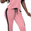 LovelyWholesale Women Jogging Suits 2 Piece Set Short Sleeve Color Block Tops and Jogger Pants Pink Large (Pink, L)
