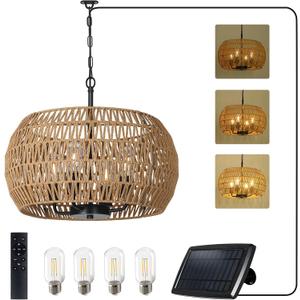 Solar Lights Outdoor Chandelier with Remote & Dimmable LED Bulb, Rattan Solar Powered Outdoor Lights for Patio, Indoor Boho Hanging Pendant Light Fixture, Garden Lights for Porch Gazebo Patio Yard