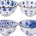 Ceramic Rice Bowls Set of 4 White and Blue Rice Bowls Porcelain Cereal Bowl Perfect for Soup Cereal Sushi Sauce Oatmeal Fruit Rice Microwave and Dishwasher Safe