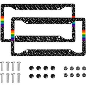 Rainbow Progress Pride Music License Plate Frame 2 Pack License Plate Holder Universal Aluminum License Plate Cover Car Accessories for Decor with Screw for Women Man 12.3 X 6.3 Inch