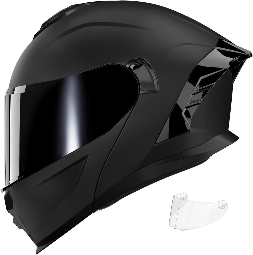 Motorcycle Helmet,Motorcycle Dual Visor Flip up Modular Full Face Helmet JR-815,DOT Approved Motorbike Helmet with 2 Visors for Adults Men Women(M,Matte Black-B)