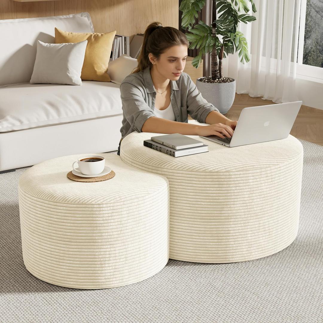 Round Nesting Coffee Table Set of 2,Upholstered Foam Ottoman Footrest Side Table Set,Modern Flannel Circle Coffee Table No Assembly for Living Room Entryway Bedroom,Beige