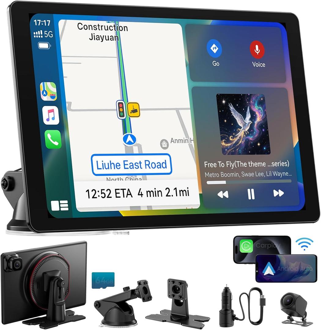11" Extra Large Wireless Apple CarPlay Screen for Car  Ultra-Slim 0.16 Inch Touchscreen Car Stereo with Android Auto, 4K Dash Cam, 1080p Backup Camera, GPS, Mirror Link, Voice Control