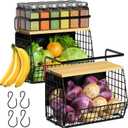 Magnetic Shelf for Fridge with Wood Lid, Fruit Potato and Onion Storage Bins, Pantry Organizers & Storage, Large Container Magnetic Spice Rack for Refrigerator, Kitchen Counter (Black, 2)