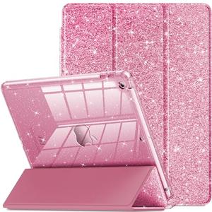 INFILAND for iPad 9th/8th/7th Generation Case 2021/2020/2019 10.2 inch, Glitter Slim Protective Cover with Clear Back, Pencil Holder for Kids Girls for iPad 7/8/9 Gen, Pink