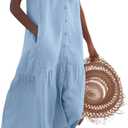 chouyatou Women's Summer Sleeveless Button Down Cotton Tank Dress Loose A-Line Tiered Tunic Beach Dress (X-Large, Light Blue)