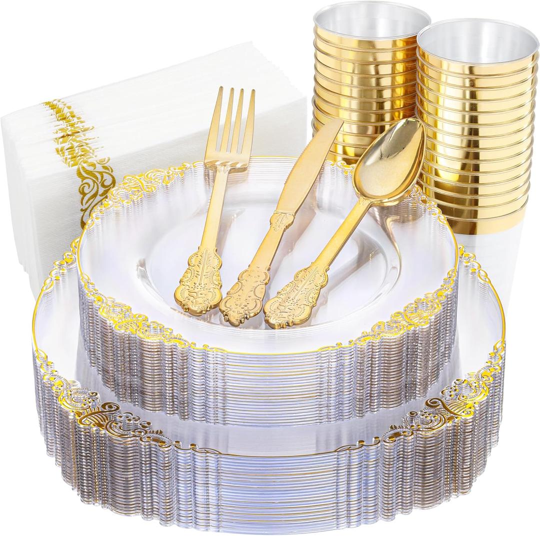 Nervure 175PCS Clear Gold Plastic Plates - Gold Disposable Dinnerware Set for 25 Guests Include 50 Disposable Plates, 75 Plastic Silverware, 25 Cups, 25 Napkins for Wedding & Party