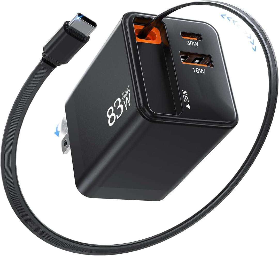 Retractable Charger, 83W Retractable USB C Charger with Type-C Cable and QC18W PD30W Port, PD PPS Fast Charging Block with Foldable Plug for iPhone 17 16 15 14 13 12 11, Galaxy, LG, Pixel, Tablet