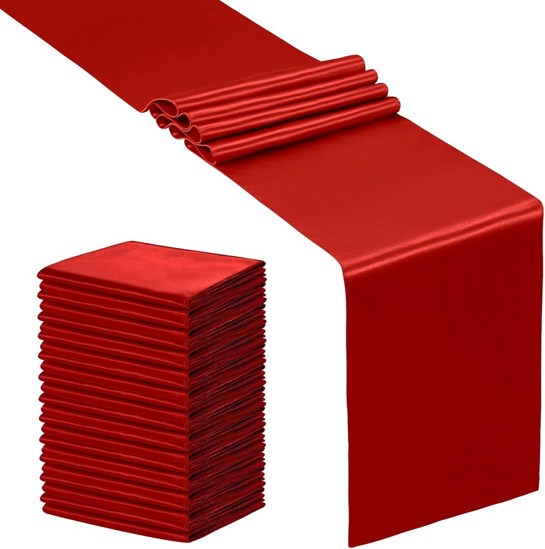SiinvdaBZX 24 Pcs Red Satin Table Runner 12 x 108 inches Long, Bright Smooth Satin Wedding Table Runner Decorations for Birthday Parties, Buffet, Banquets, Graduations, Engagements
