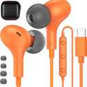 USB C Headphones for iPhone 17 16 15 Pro Galaxy S25 S26 Wired Earbuds with Microphone for Samsung S24 S23 S22 S21 Ultra, Magnetic Noise Canceling in-Ear Type C Earphone for iPad 10 Pixel 9 8, Orange