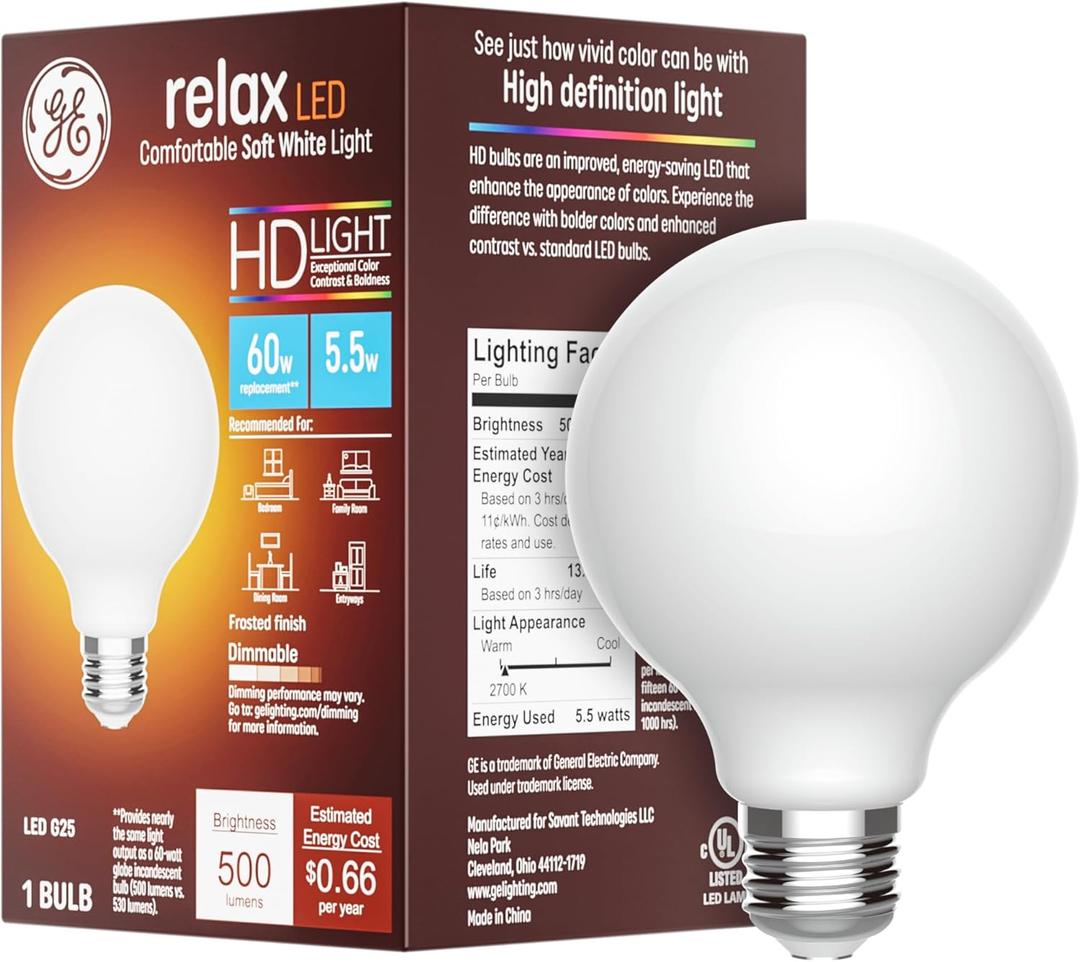 GE Relax LED Light Bulb, 60 Watt, Soft White, G25 Globe Bulb, Frosted, Medium Base (1 Pack)
