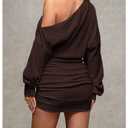 MakeMeChic Women's Off The Shoulder Dress Ruched Long Sleeve Party Bodycon Mini Dresses Coffee Brown Small (Brown, S)