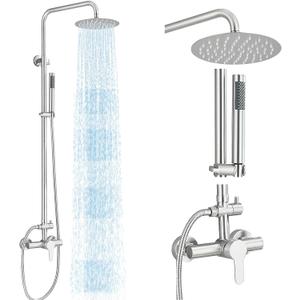 Rain Shower System Outdoor Shower Fixtures with 8" Rain Shower Head Handheld Sprayer Single Handle Wall Mounted Bathroom Shower Faucet Set Brushed Nickel for Bathroom or Backyard, Two Modes 