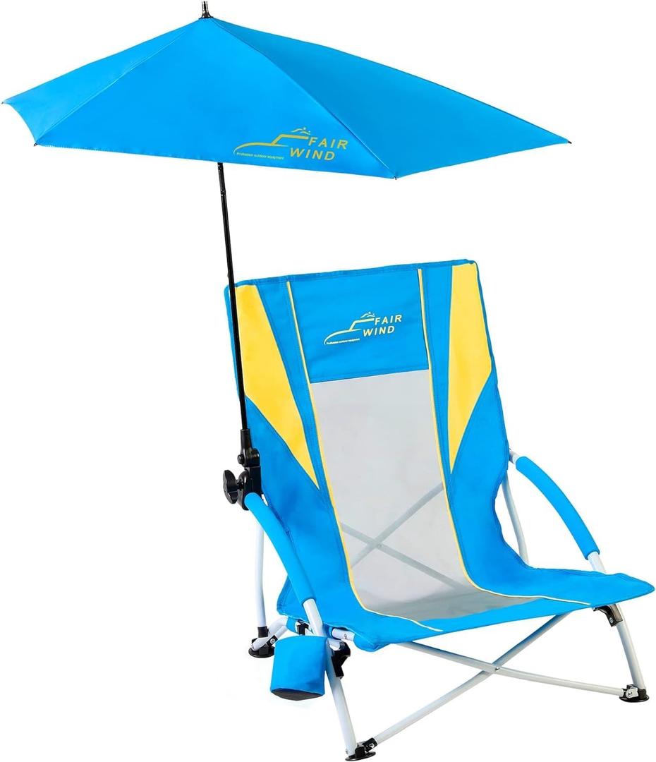 FAIR WIND Beach Umbrella Chair, Beach Chairs for Adults, Low Shade Chair Folding Backpack Portable Concert Bag Sand with Cup Holder - Yellow Blue (1 Set)