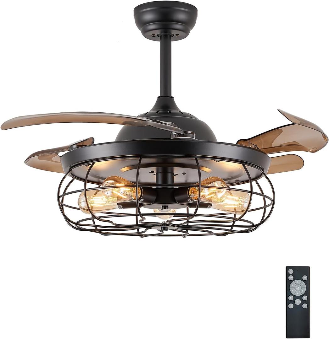 DuMaiWay 48" Retractable Ceiling Fans with Lights, Fandelier Industrial Caged Ceiling Fan with Remote Controller Vintage Style for Farmhouse/Living Room/Bedroom/Restaurant 5 Lights 4 Fan Blades
