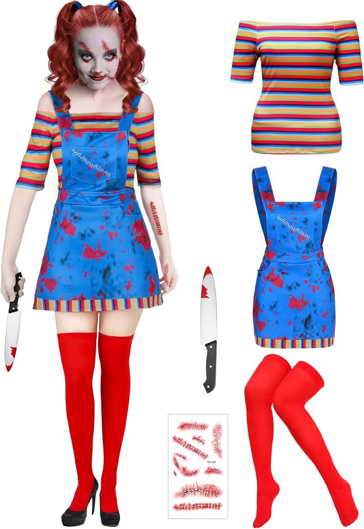 Xtinmee 5 Pcs Women Halloween Nightmare Killer Doll Deluxe Costume Rainbow Stripe Nice Guy Cosplay Movie Character Outfit, L