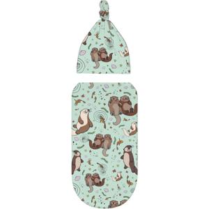 Cute Sea Otters Newborn Swaddle Blankets Beanie Hat Sets, Soft Otter Baby Stuff Blanket Swaddle Sack for Baby Shower Infant Boy and Girl Gift