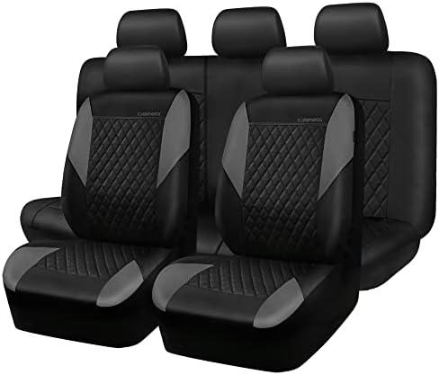 CAR PASS Quilting Leather Seat Covers Full Set,Universal Waterproof Deluxe PU Premium Car Seat Cover with 5mm Composite Sponge Inside,Airbag Compatible,Front and Rear Seat Cover for Sedan SUV Van,Gray