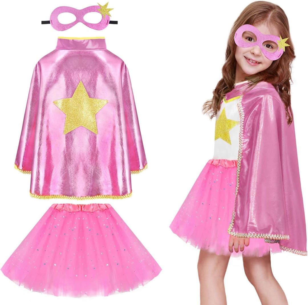 iROLEWIN Superhero-Capes for Kids Superhero-Costumes for Girls Toddler Princess Dress-Up Big-Sister-Gifts Christmas Party Toy (Pink Yellow), One Size