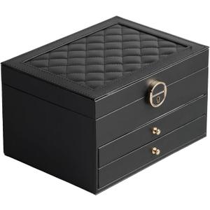 GUOER Jewelry Box for Women Girl Wife 3 Layers Large PU Leather Jewelry Organizer Storage Case with Two drawers Display for Earrings Bracelets Rings Watches (Black)