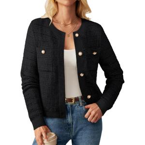 GRACE KARIN Womens Open Front Button Down Long Sleeve Texture Knit Cardigan Sweaters with Pockets (Small, Black)